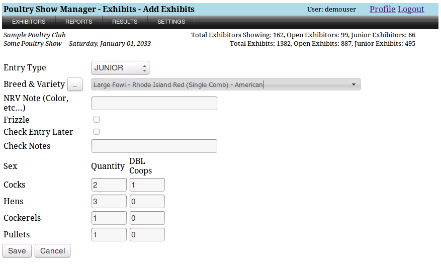 poultry show add exhibits screen shot