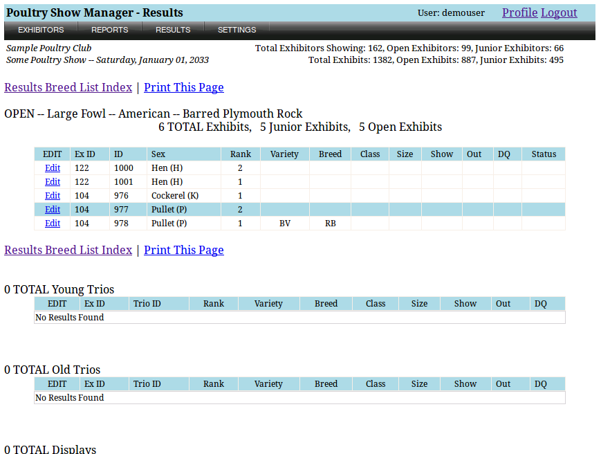 poultry show exhibitors entry page screenshot