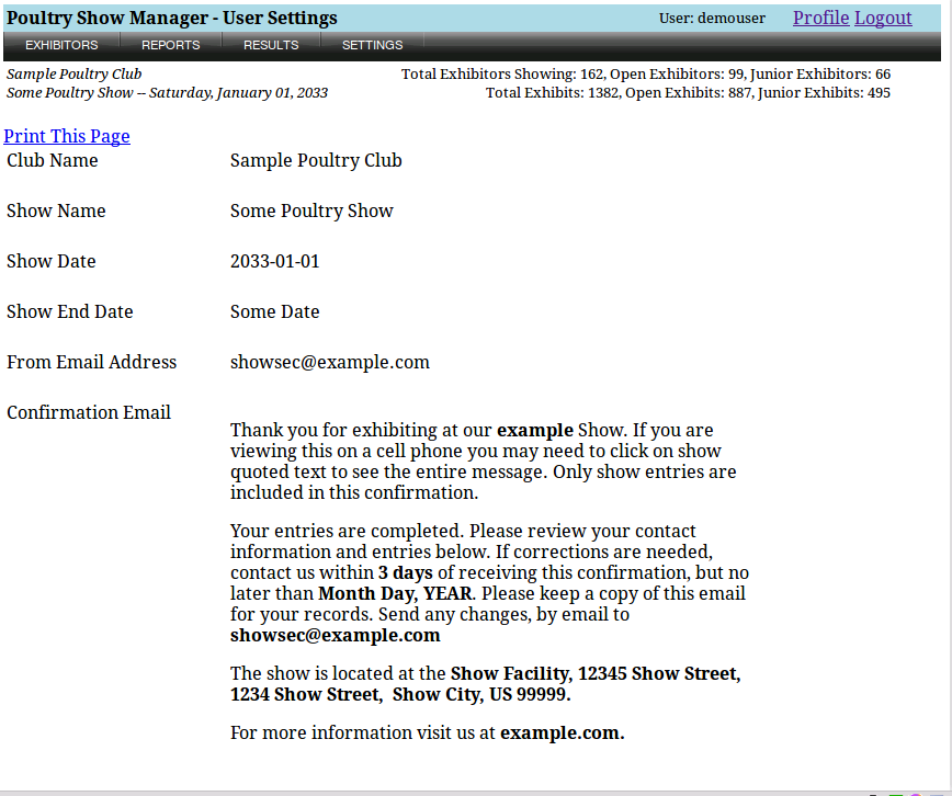 poultry show settings page screenshot